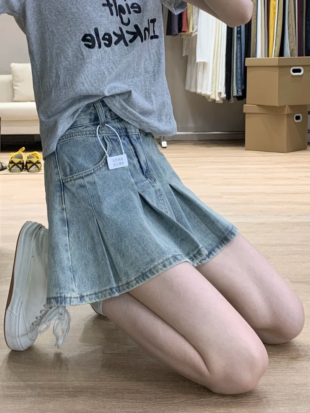 Women Fashion Jeans - Falda vaquera plisada de cintura alta