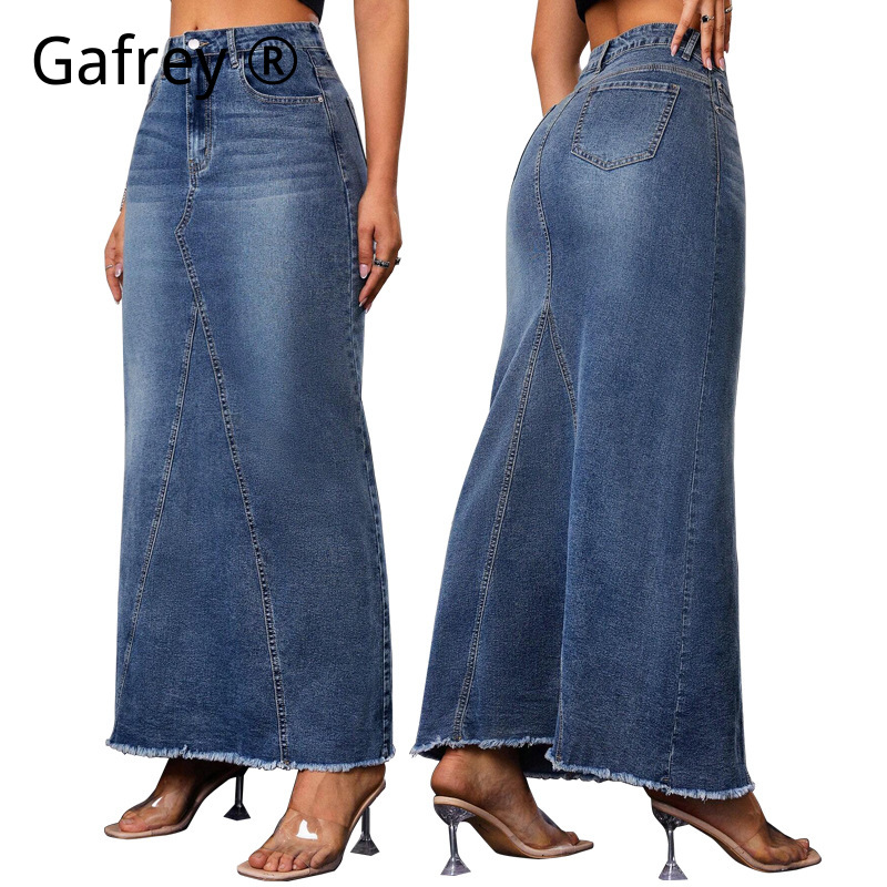 Women Fashion Jeans - Falda vaquera midi de mujer, cintura