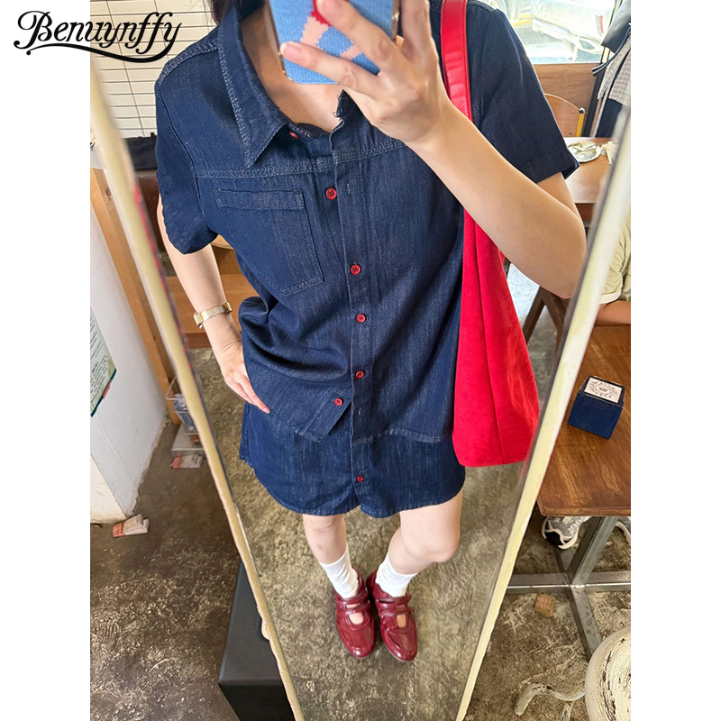 Women Fashion Jeans - Camisa vaquera retro de manga corta