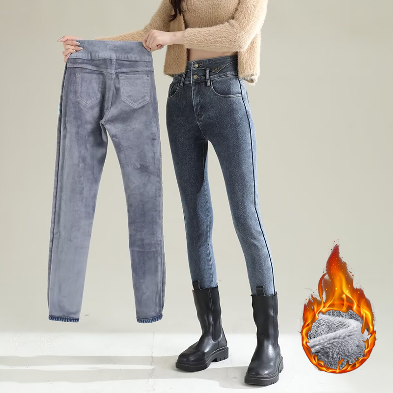 Women Fashion Jeans - Pantalones vaqueros de pierna recta térmicos