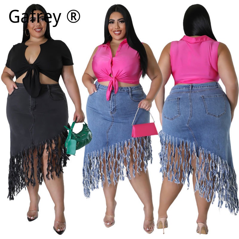Women Fashion Jeans - Falda vaquera de mezclilla con flecos