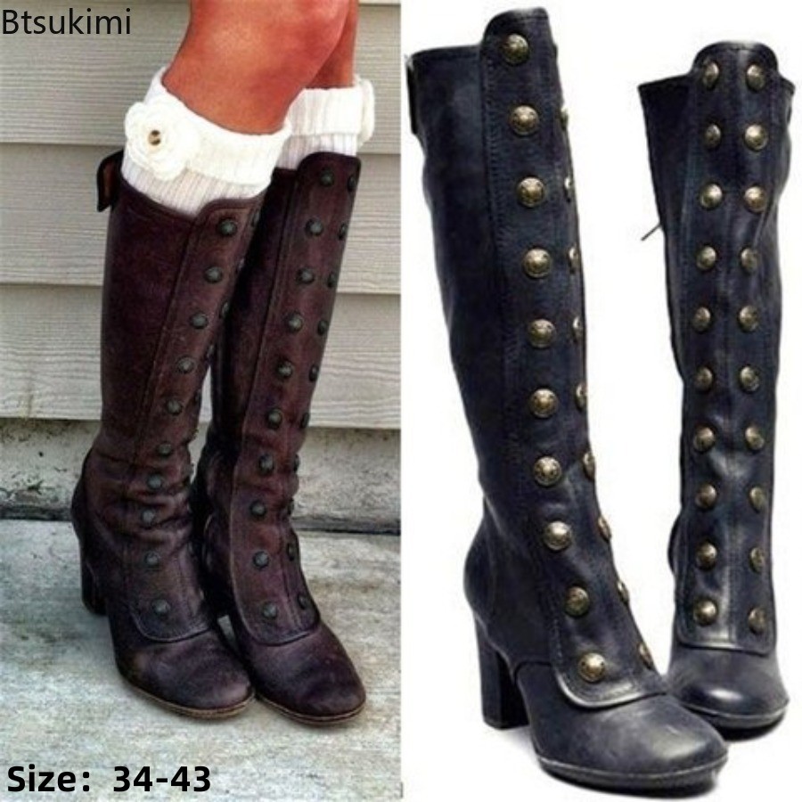 Botas Retro Negras con Remache - Women'S Fashion Knee High Boots reseña y precio
