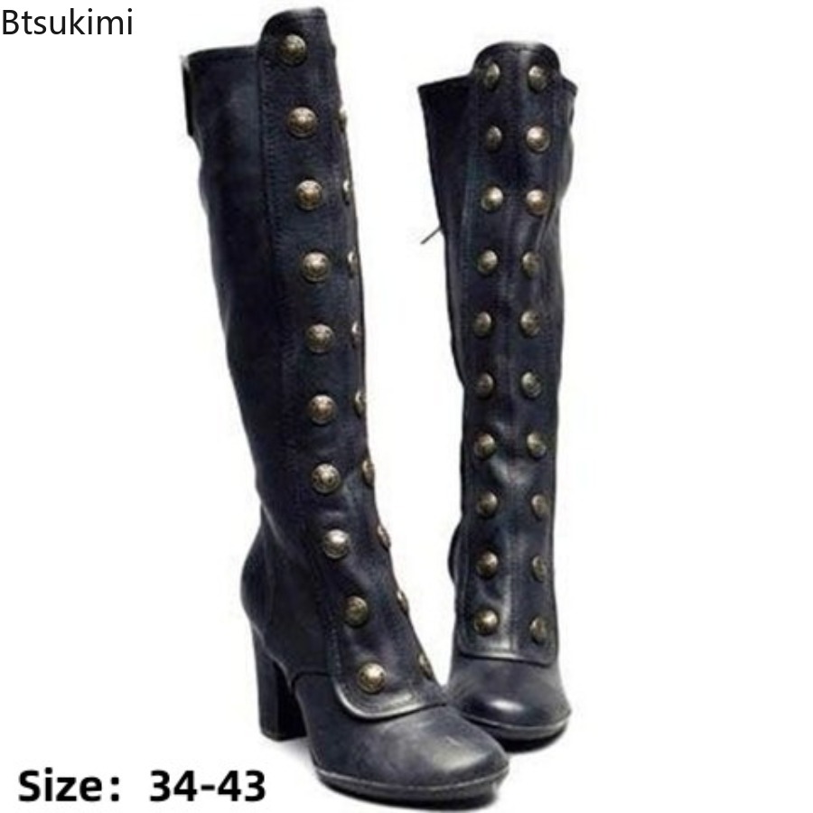 Botas Retro Negras con Remache - Women'S Fashion Knee High Boots reseña y precio